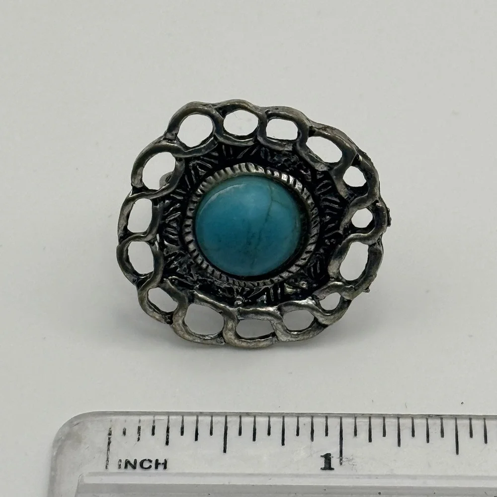 Vintage Silver Tone Faux Turquoise Adjustable Statement Ring Boho Southwestern